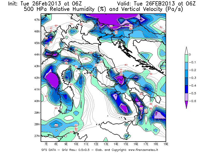 Mappa di analisi GFS - Umidità relativa [%] e Omega [Pa/s] a 500 hPa in Italia
							del 26/02/2013 06 <!--googleoff: index-->UTC<!--googleon: index-->