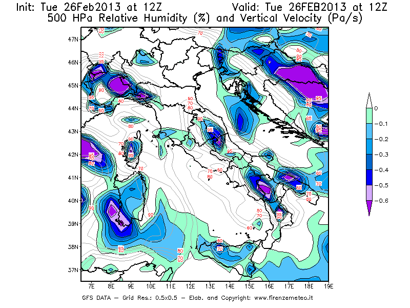 Mappa di analisi GFS - Umidità relativa [%] e Omega [Pa/s] a 500 hPa in Italia
							del 26/02/2013 12 <!--googleoff: index-->UTC<!--googleon: index-->