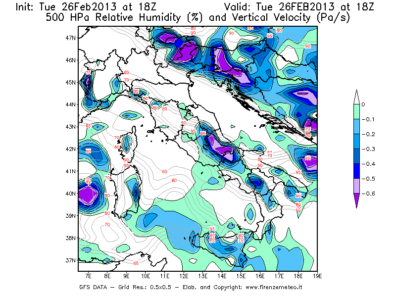 Mappa di analisi GFS - Umidità relativa [%] e Omega [Pa/s] a 500 hPa in Italia
							del 26/02/2013 18 <!--googleoff: index-->UTC<!--googleon: index-->