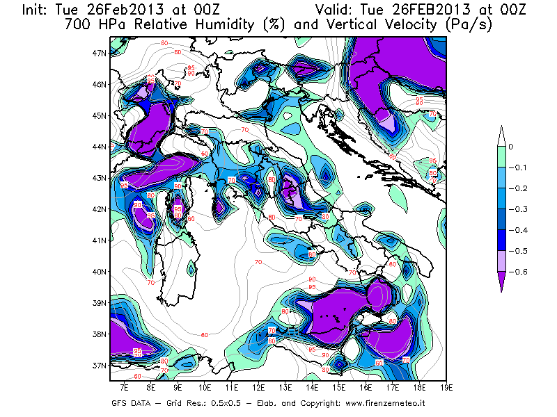 Mappa di analisi GFS - Umidità relativa [%] e Omega [Pa/s] a 700 hPa in Italia
							del 26/02/2013 00 <!--googleoff: index-->UTC<!--googleon: index-->