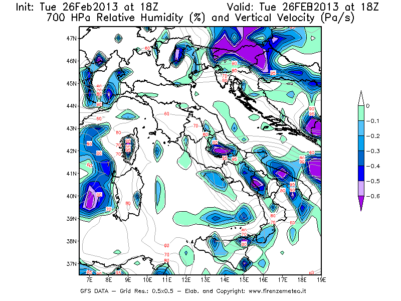 Mappa di analisi GFS - Umidità relativa [%] e Omega [Pa/s] a 700 hPa in Italia
							del 26/02/2013 18 <!--googleoff: index-->UTC<!--googleon: index-->