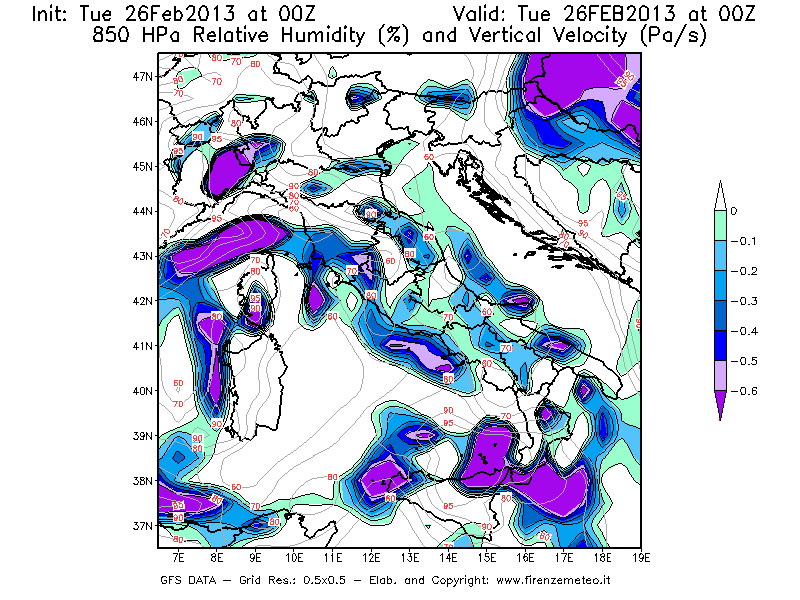 Mappa di analisi GFS - Umidità relativa [%] e Omega [Pa/s] a 850 hPa in Italia
							del 26/02/2013 00 <!--googleoff: index-->UTC<!--googleon: index-->