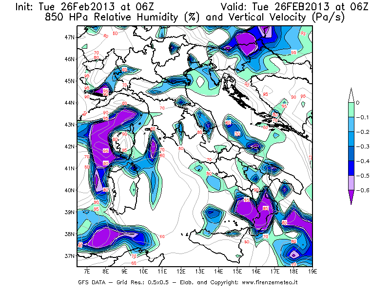 Mappa di analisi GFS - Umidità relativa [%] e Omega [Pa/s] a 850 hPa in Italia
							del 26/02/2013 06 <!--googleoff: index-->UTC<!--googleon: index-->
