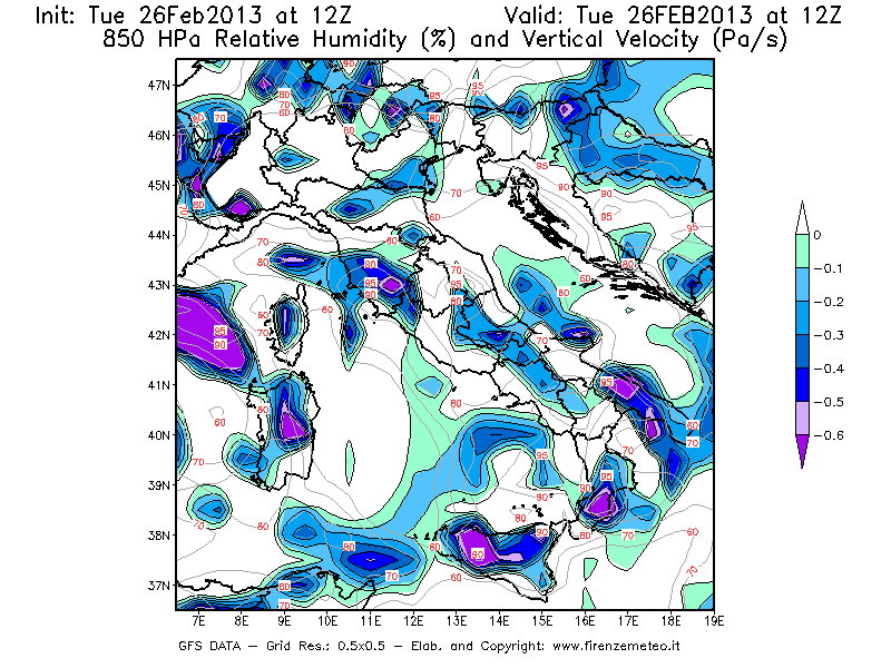 Mappa di analisi GFS - Umidità relativa [%] e Omega [Pa/s] a 850 hPa in Italia
							del 26/02/2013 12 <!--googleoff: index-->UTC<!--googleon: index-->