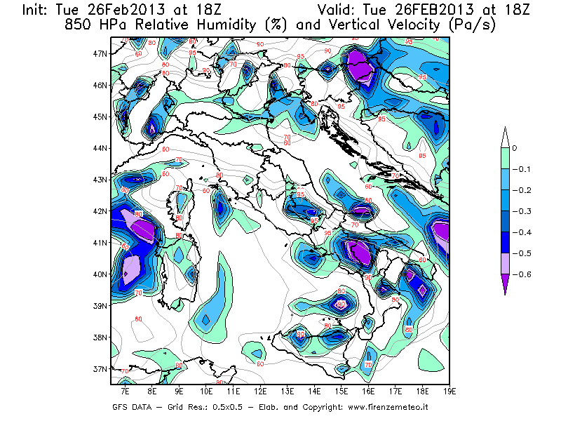 Mappa di analisi GFS - Umidità relativa [%] e Omega [Pa/s] a 850 hPa in Italia
							del 26/02/2013 18 <!--googleoff: index-->UTC<!--googleon: index-->