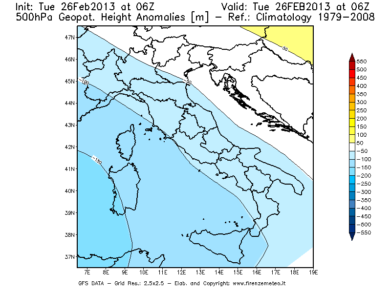 Mappa di analisi GFS - Anomalia di Geopotenziale a 500 hPa in Italia
							del 26/02/2013 06 <!--googleoff: index-->UTC<!--googleon: index-->
