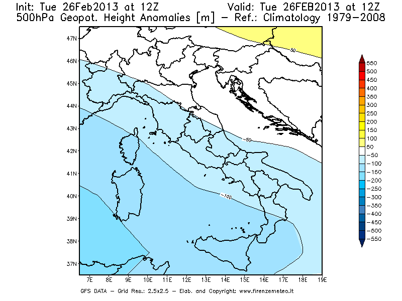 Mappa di analisi GFS - Anomalia di Geopotenziale a 500 hPa in Italia
							del 26/02/2013 12 <!--googleoff: index-->UTC<!--googleon: index-->