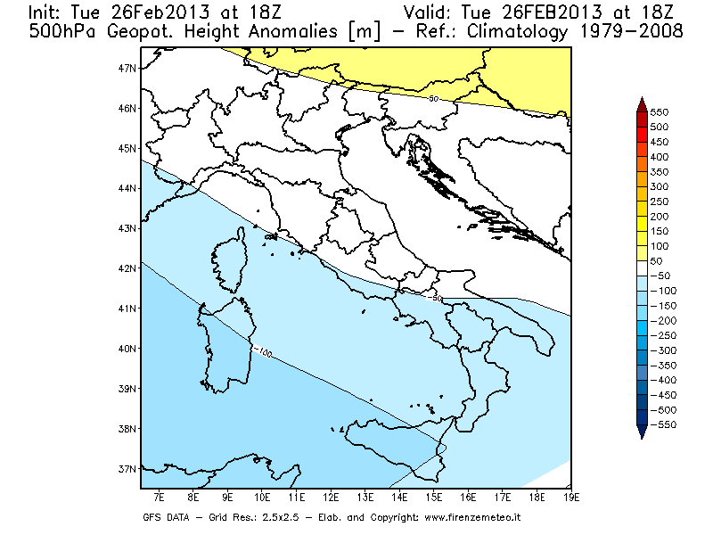Mappa di analisi GFS - Anomalia di Geopotenziale a 500 hPa in Italia
							del 26/02/2013 18 <!--googleoff: index-->UTC<!--googleon: index-->