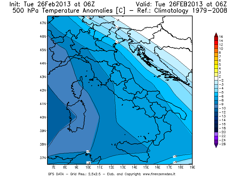 Mappa di analisi GFS - Anomalia Temperatura [°C] a 500 hPa in Italia
							del 26/02/2013 06 <!--googleoff: index-->UTC<!--googleon: index-->