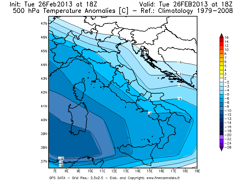 Mappa di analisi GFS - Anomalia Temperatura [°C] a 500 hPa in Italia
							del 26/02/2013 18 <!--googleoff: index-->UTC<!--googleon: index-->