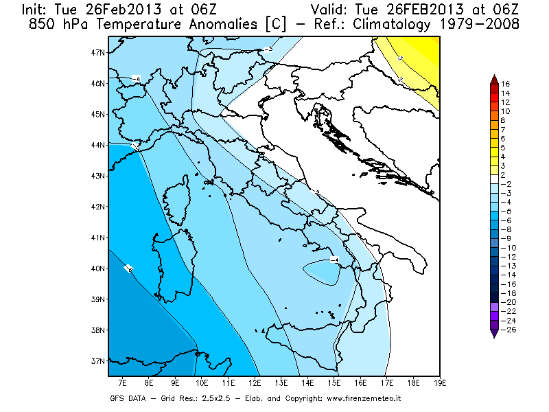 Mappa di analisi GFS - Anomalia Temperatura [°C] a 850 hPa in Italia
							del 26/02/2013 06 <!--googleoff: index-->UTC<!--googleon: index-->