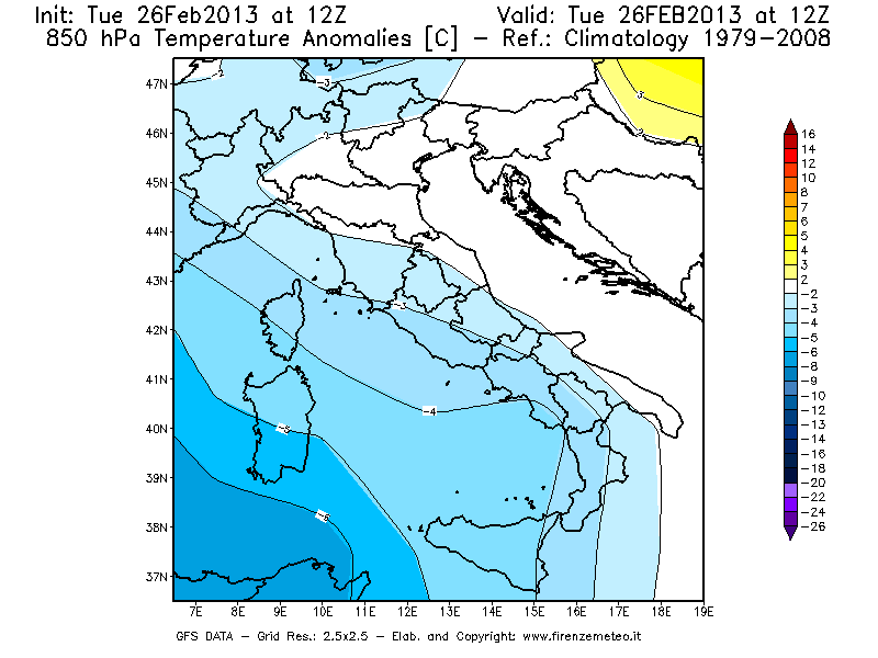 Mappa di analisi GFS - Anomalia Temperatura [°C] a 850 hPa in Italia
							del 26/02/2013 12 <!--googleoff: index-->UTC<!--googleon: index-->