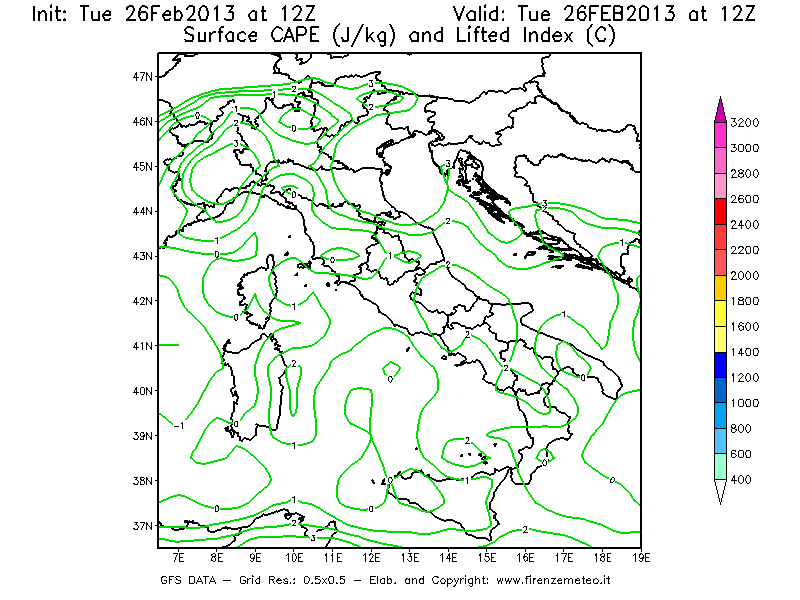 Mappa di analisi GFS - CAPE [J/kg] e Lifted Index [°C] in Italia
							del 26/02/2013 12 <!--googleoff: index-->UTC<!--googleon: index-->