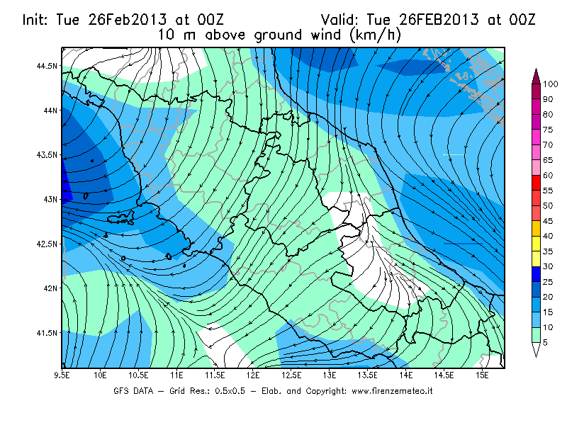 Mappa di analisi GFS - Velocità del vento a 10 metri dal suolo [km/h] in Centro-Italia
							del 26/02/2013 00 <!--googleoff: index-->UTC<!--googleon: index-->