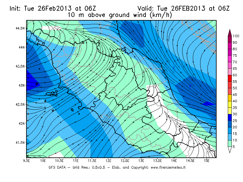 Mappa di analisi GFS - Velocità del vento a 10 metri dal suolo [km/h] in Centro-Italia
							del 26/02/2013 06 <!--googleoff: index-->UTC<!--googleon: index-->