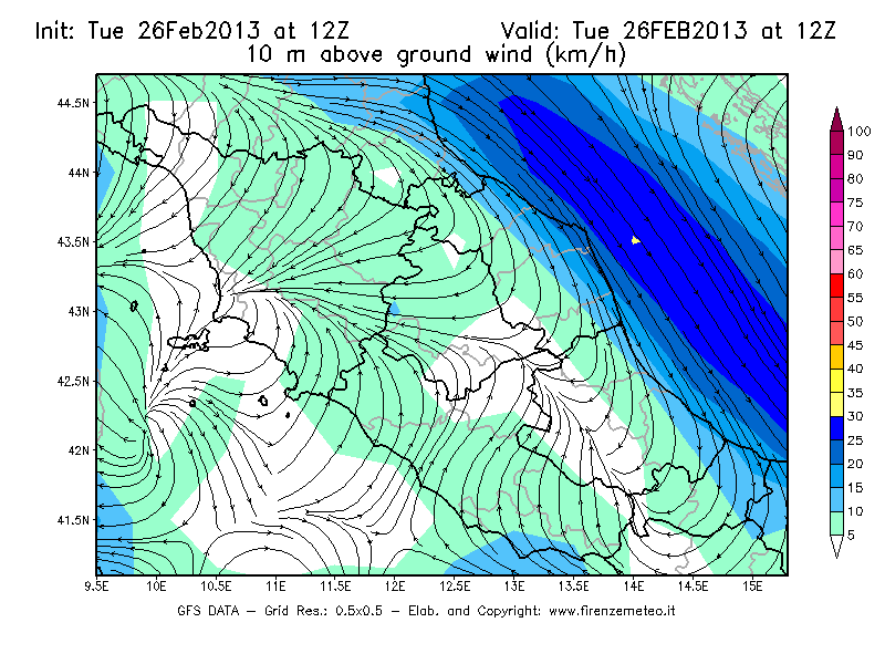 Mappa di analisi GFS - Velocità del vento a 10 metri dal suolo [km/h] in Centro-Italia
							del 26/02/2013 12 <!--googleoff: index-->UTC<!--googleon: index-->