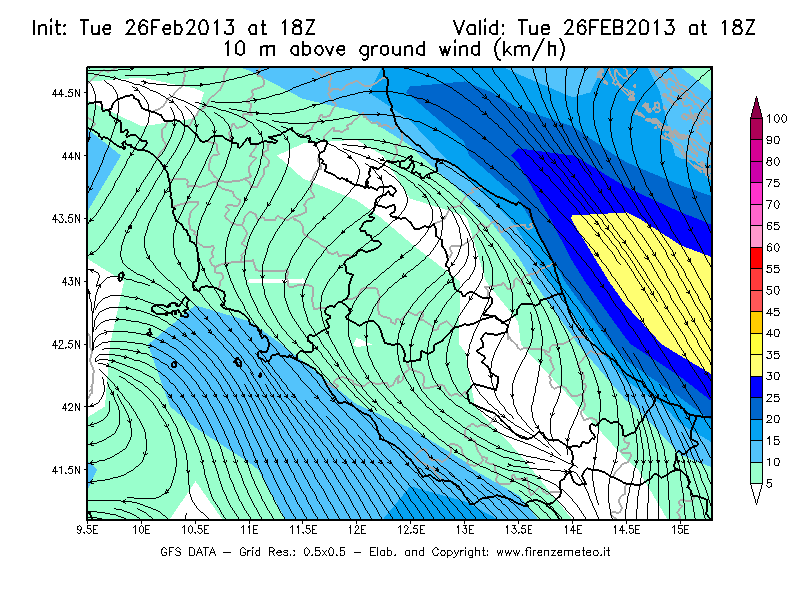 Mappa di analisi GFS - Velocità del vento a 10 metri dal suolo [km/h] in Centro-Italia
							del 26/02/2013 18 <!--googleoff: index-->UTC<!--googleon: index-->