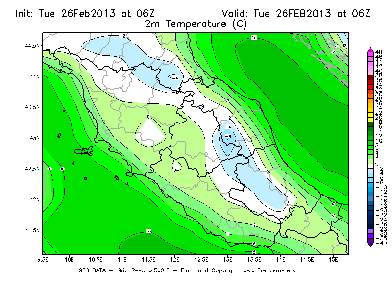 Mappa di analisi GFS - Temperatura a 2 metri dal suolo [°C] in Centro-Italia
							del 26/02/2013 06 <!--googleoff: index-->UTC<!--googleon: index-->