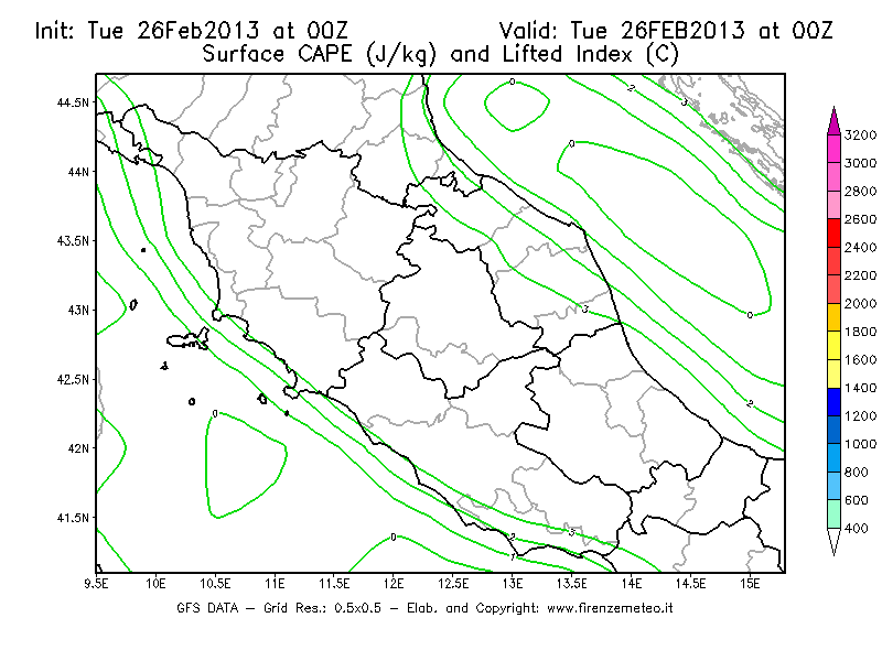 Mappa di analisi GFS - CAPE [J/kg] e Lifted Index [°C] in Centro-Italia
							del 26/02/2013 00 <!--googleoff: index-->UTC<!--googleon: index-->