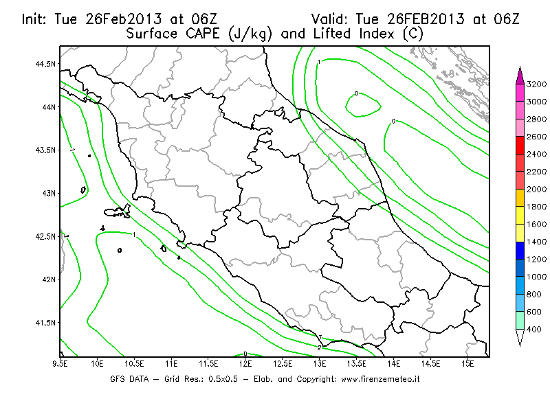 Mappa di analisi GFS - CAPE [J/kg] e Lifted Index [°C] in Centro-Italia
							del 26/02/2013 06 <!--googleoff: index-->UTC<!--googleon: index-->