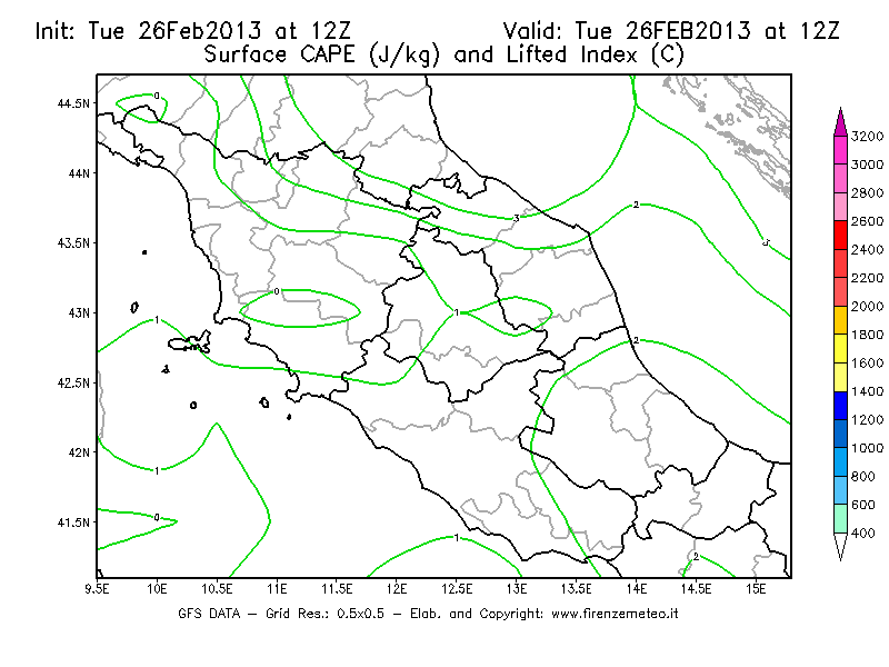 Mappa di analisi GFS - CAPE [J/kg] e Lifted Index [°C] in Centro-Italia
							del 26/02/2013 12 <!--googleoff: index-->UTC<!--googleon: index-->