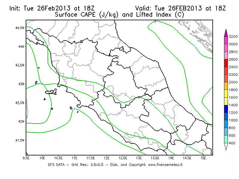 Mappa di analisi GFS - CAPE [J/kg] e Lifted Index [°C] in Centro-Italia
							del 26/02/2013 18 <!--googleoff: index-->UTC<!--googleon: index-->
