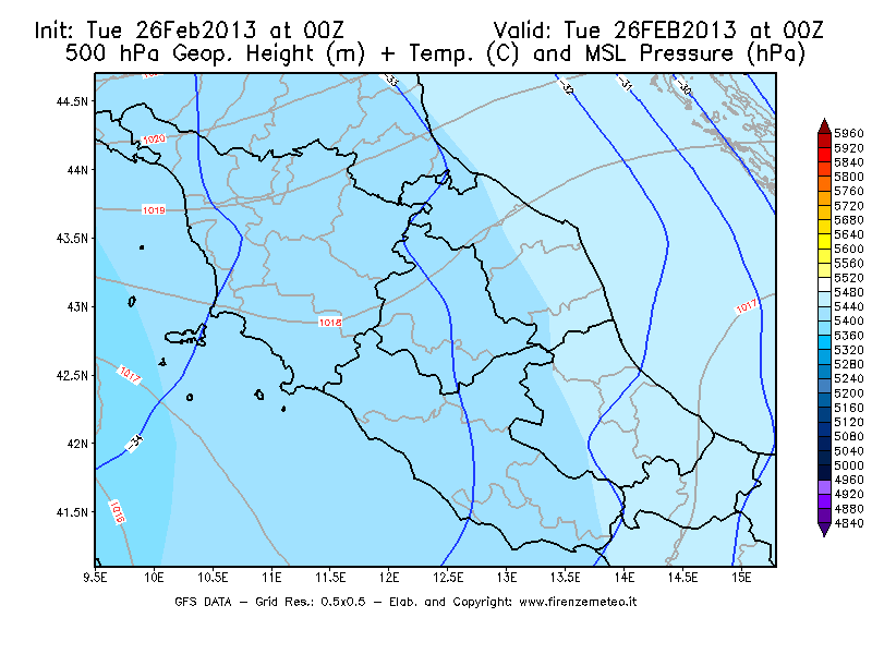Mappa di analisi GFS - Geopotenziale [m] + Temp. [°C] a 500 hPa + Press. a livello del mare [hPa] in Centro-Italia
							del 26/02/2013 00 <!--googleoff: index-->UTC<!--googleon: index-->