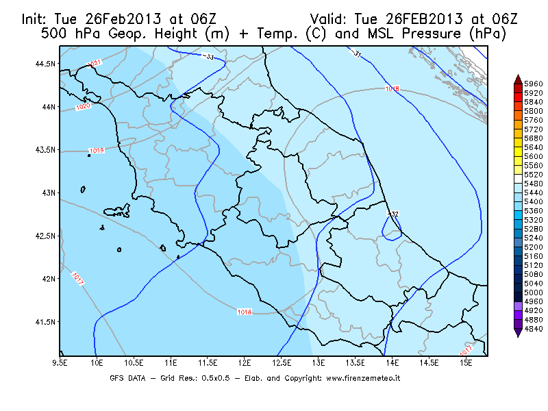 Mappa di analisi GFS - Geopotenziale [m] + Temp. [°C] a 500 hPa + Press. a livello del mare [hPa] in Centro-Italia
							del 26/02/2013 06 <!--googleoff: index-->UTC<!--googleon: index-->
