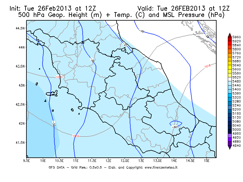 Mappa di analisi GFS - Geopotenziale [m] + Temp. [°C] a 500 hPa + Press. a livello del mare [hPa] in Centro-Italia
							del 26/02/2013 12 <!--googleoff: index-->UTC<!--googleon: index-->