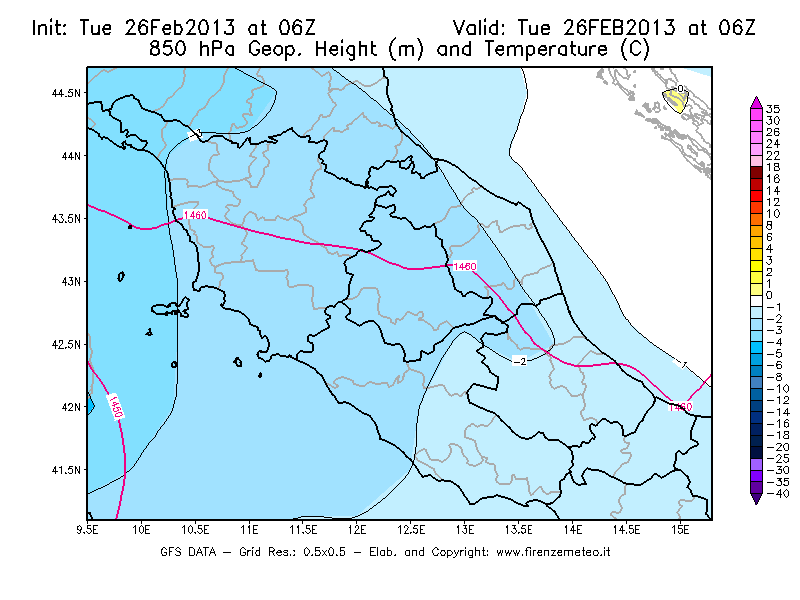 Mappa di analisi GFS - Geopotenziale [m] e Temperatura [°C] a 850 hPa in Centro-Italia
							del 26/02/2013 06 <!--googleoff: index-->UTC<!--googleon: index-->