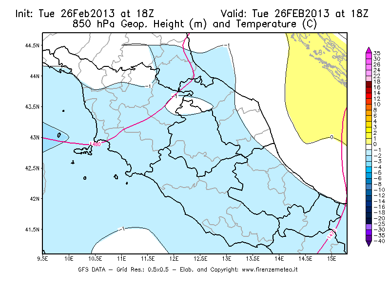 Mappa di analisi GFS - Geopotenziale [m] e Temperatura [°C] a 850 hPa in Centro-Italia
							del 26/02/2013 18 <!--googleoff: index-->UTC<!--googleon: index-->