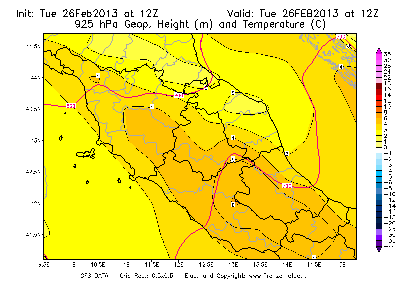 Mappa di analisi GFS - Geopotenziale [m] e Temperatura [°C] a 925 hPa in Centro-Italia
							del 26/02/2013 12 <!--googleoff: index-->UTC<!--googleon: index-->