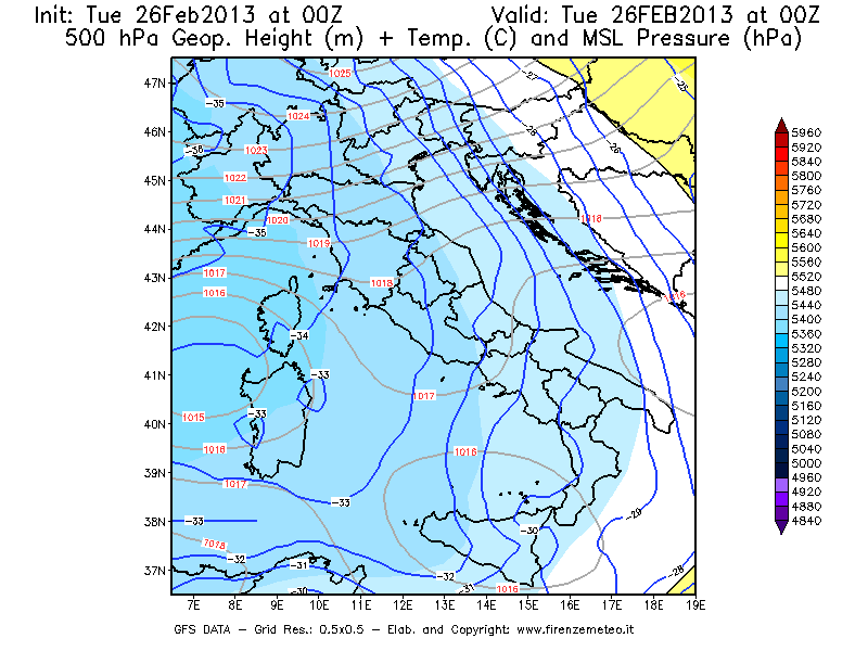 Mappa di analisi GFS - Geopotenziale [m] + Temp. [°C] a 500 hPa + Press. a livello del mare [hPa] in Italia
							del 26/02/2013 00 <!--googleoff: index-->UTC<!--googleon: index-->