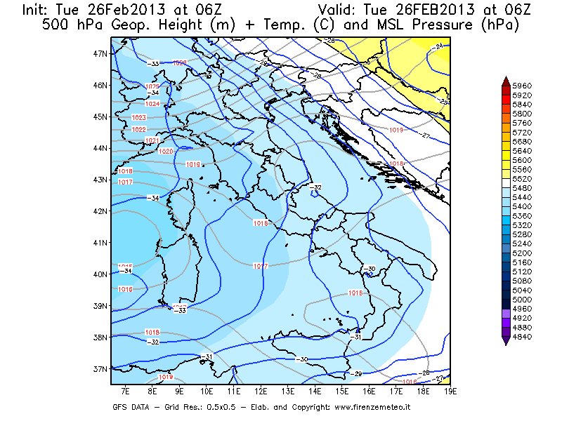 Mappa di analisi GFS - Geopotenziale [m] + Temp. [°C] a 500 hPa + Press. a livello del mare [hPa] in Italia
							del 26/02/2013 06 <!--googleoff: index-->UTC<!--googleon: index-->