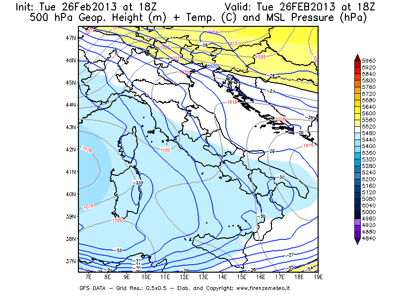 Mappa di analisi GFS - Geopotenziale [m] + Temp. [°C] a 500 hPa + Press. a livello del mare [hPa] in Italia
							del 26/02/2013 18 <!--googleoff: index-->UTC<!--googleon: index-->