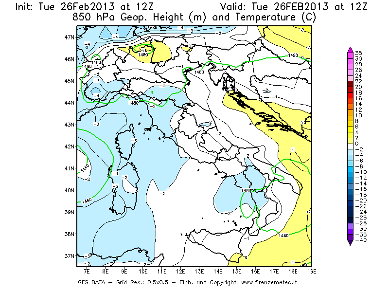 Mappa di analisi GFS - Geopotenziale [m] e Temperatura [°C] a 850 hPa in Italia
							del 26/02/2013 12 <!--googleoff: index-->UTC<!--googleon: index-->
