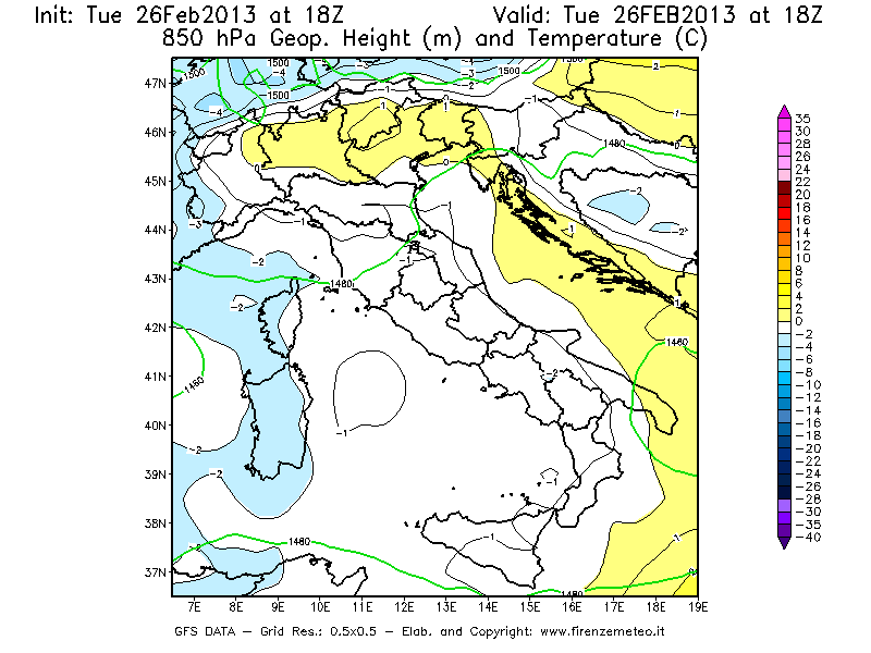 Mappa di analisi GFS - Geopotenziale [m] e Temperatura [°C] a 850 hPa in Italia
							del 26/02/2013 18 <!--googleoff: index-->UTC<!--googleon: index-->