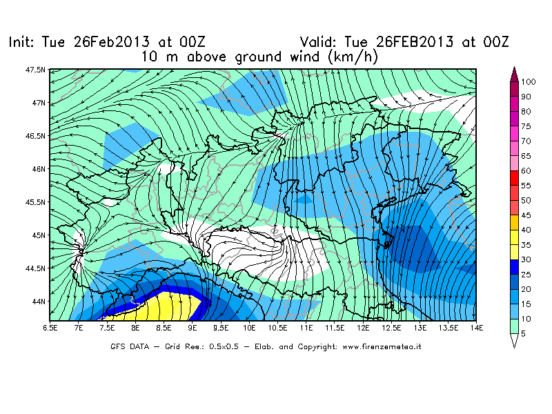 Mappa di analisi GFS - Velocità del vento a 10 metri dal suolo [km/h] in Nord-Italia
							del 26/02/2013 00 <!--googleoff: index-->UTC<!--googleon: index-->