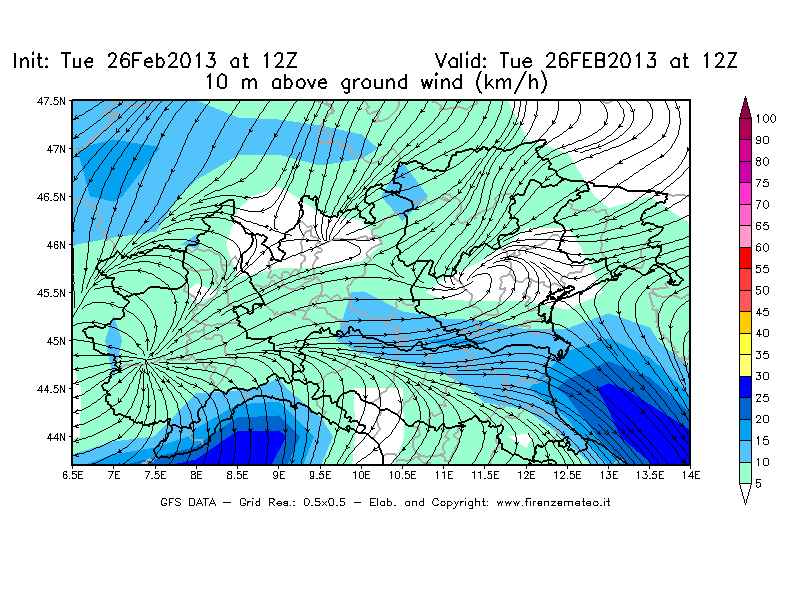 Mappa di analisi GFS - Velocità del vento a 10 metri dal suolo [km/h] in Nord-Italia
							del 26/02/2013 12 <!--googleoff: index-->UTC<!--googleon: index-->