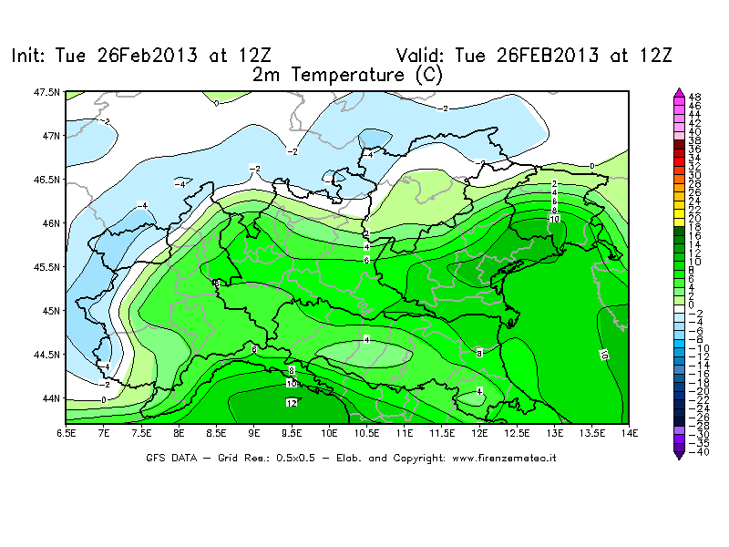 Mappa di analisi GFS - Temperatura a 2 metri dal suolo [°C] in Nord-Italia
							del 26/02/2013 12 <!--googleoff: index-->UTC<!--googleon: index-->