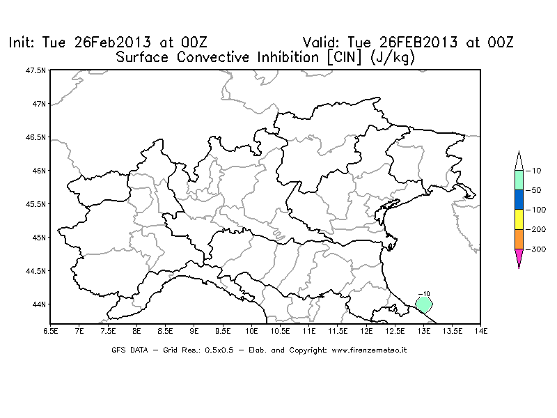 Mappa di analisi GFS - CIN [J/kg] in Nord-Italia
							del 26/02/2013 00 <!--googleoff: index-->UTC<!--googleon: index-->