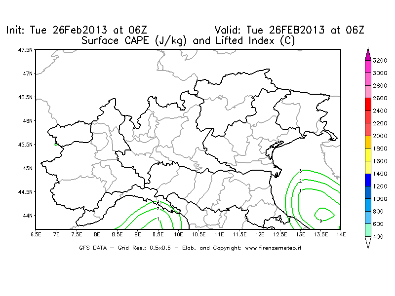 Mappa di analisi GFS - CAPE [J/kg] e Lifted Index [°C] in Nord-Italia
							del 26/02/2013 06 <!--googleoff: index-->UTC<!--googleon: index-->