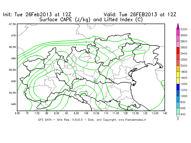 Mappa di analisi GFS - CAPE [J/kg] e Lifted Index [°C] in Nord-Italia
							del 26/02/2013 12 <!--googleoff: index-->UTC<!--googleon: index-->