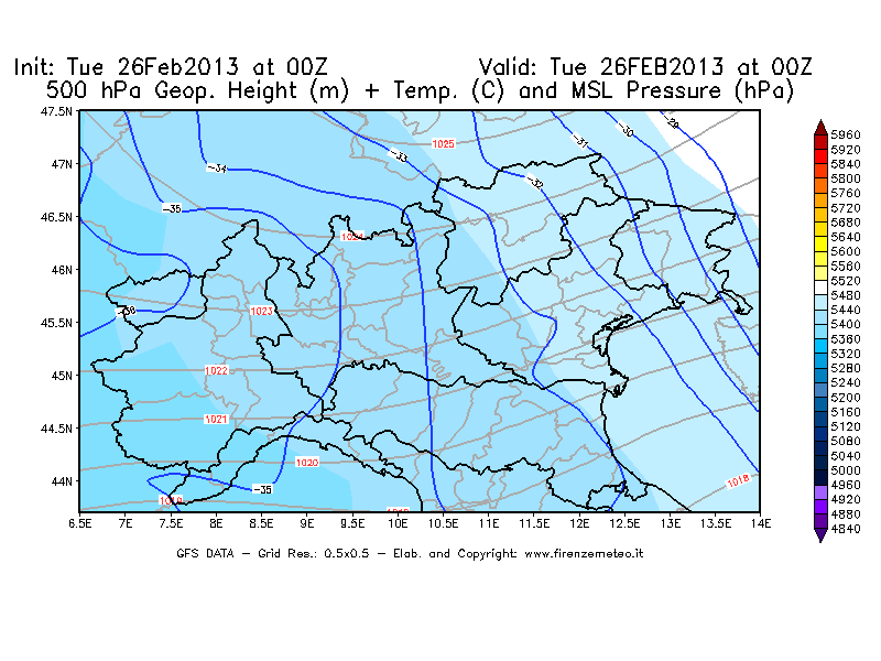 Mappa di analisi GFS - Geopotenziale [m] + Temp. [°C] a 500 hPa + Press. a livello del mare [hPa] in Nord-Italia
							del 26/02/2013 00 <!--googleoff: index-->UTC<!--googleon: index-->