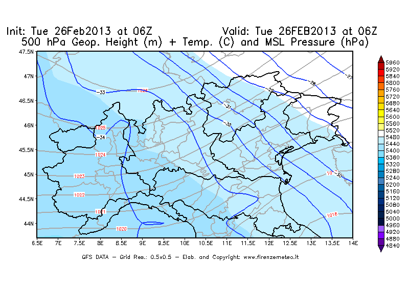 Mappa di analisi GFS - Geopotenziale [m] + Temp. [°C] a 500 hPa + Press. a livello del mare [hPa] in Nord-Italia
							del 26/02/2013 06 <!--googleoff: index-->UTC<!--googleon: index-->