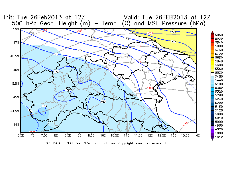 Mappa di analisi GFS - Geopotenziale [m] + Temp. [°C] a 500 hPa + Press. a livello del mare [hPa] in Nord-Italia
							del 26/02/2013 12 <!--googleoff: index-->UTC<!--googleon: index-->