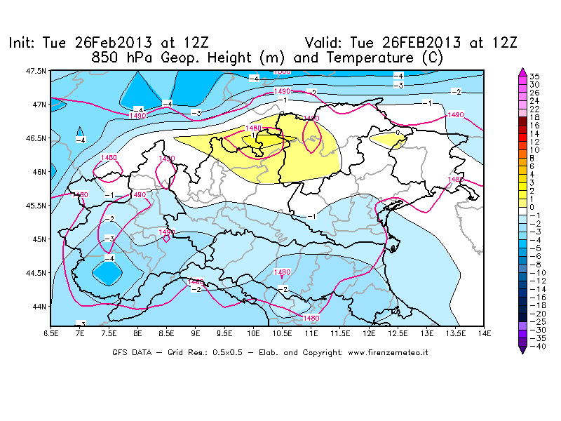 Mappa di analisi GFS - Geopotenziale [m] e Temperatura [°C] a 850 hPa in Nord-Italia
							del 26/02/2013 12 <!--googleoff: index-->UTC<!--googleon: index-->
