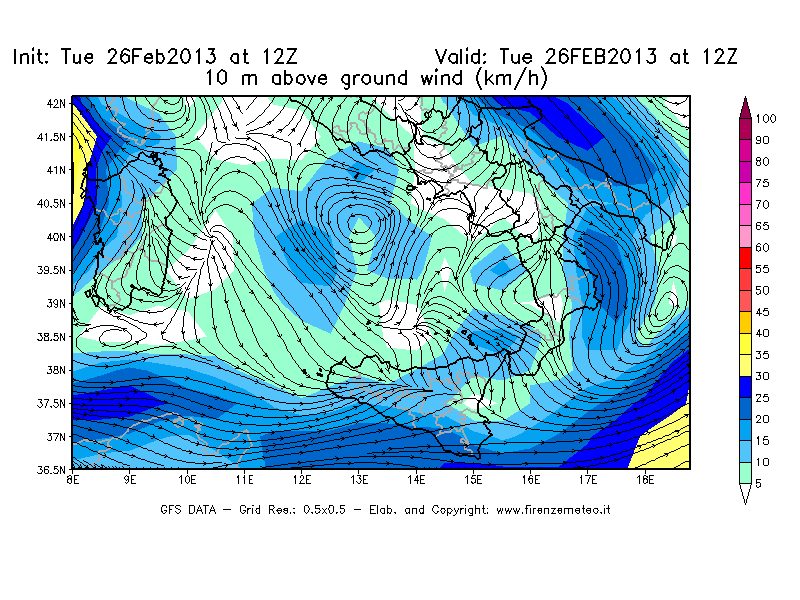 Mappa di analisi GFS - Velocità del vento a 10 metri dal suolo [km/h] in Sud-Italia
							del 26/02/2013 12 <!--googleoff: index-->UTC<!--googleon: index-->