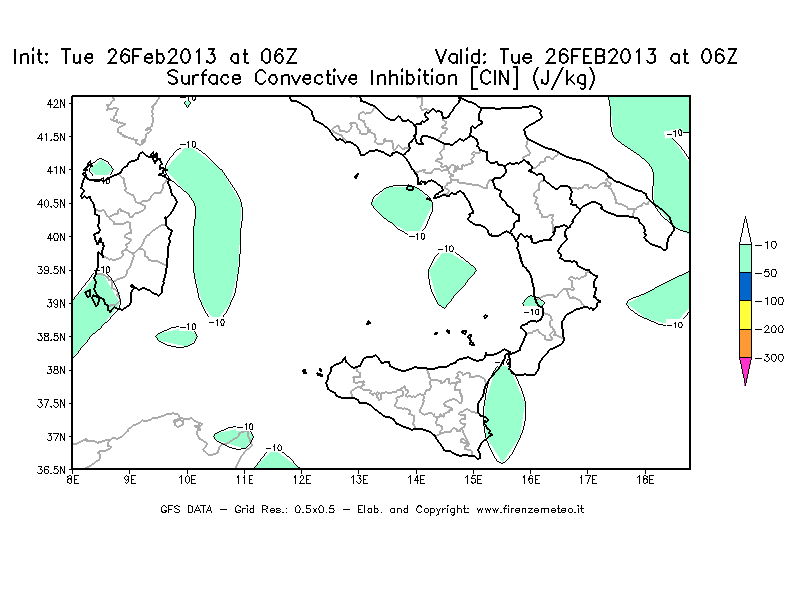 Mappa di analisi GFS - CIN [J/kg] in Sud-Italia
							del 26/02/2013 06 <!--googleoff: index-->UTC<!--googleon: index-->