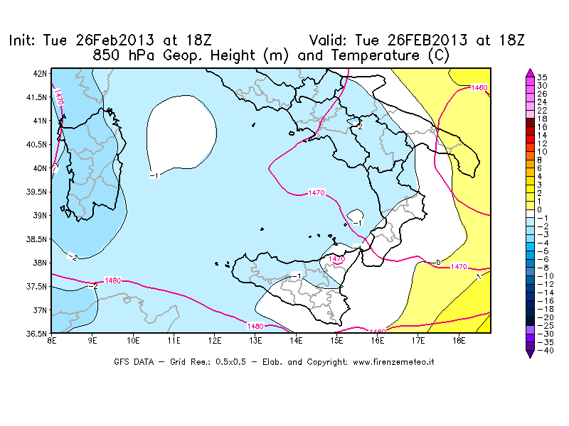 Mappa di analisi GFS - Geopotenziale [m] e Temperatura [°C] a 850 hPa in Sud-Italia
							del 26/02/2013 18 <!--googleoff: index-->UTC<!--googleon: index-->